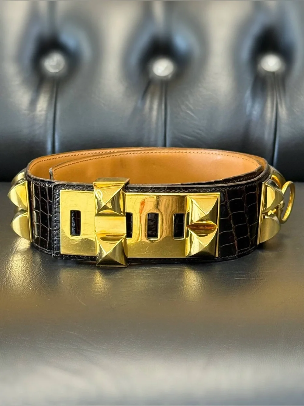 Vintage Hermès Medor Ebene brown CROC collier de chien crocodile belt